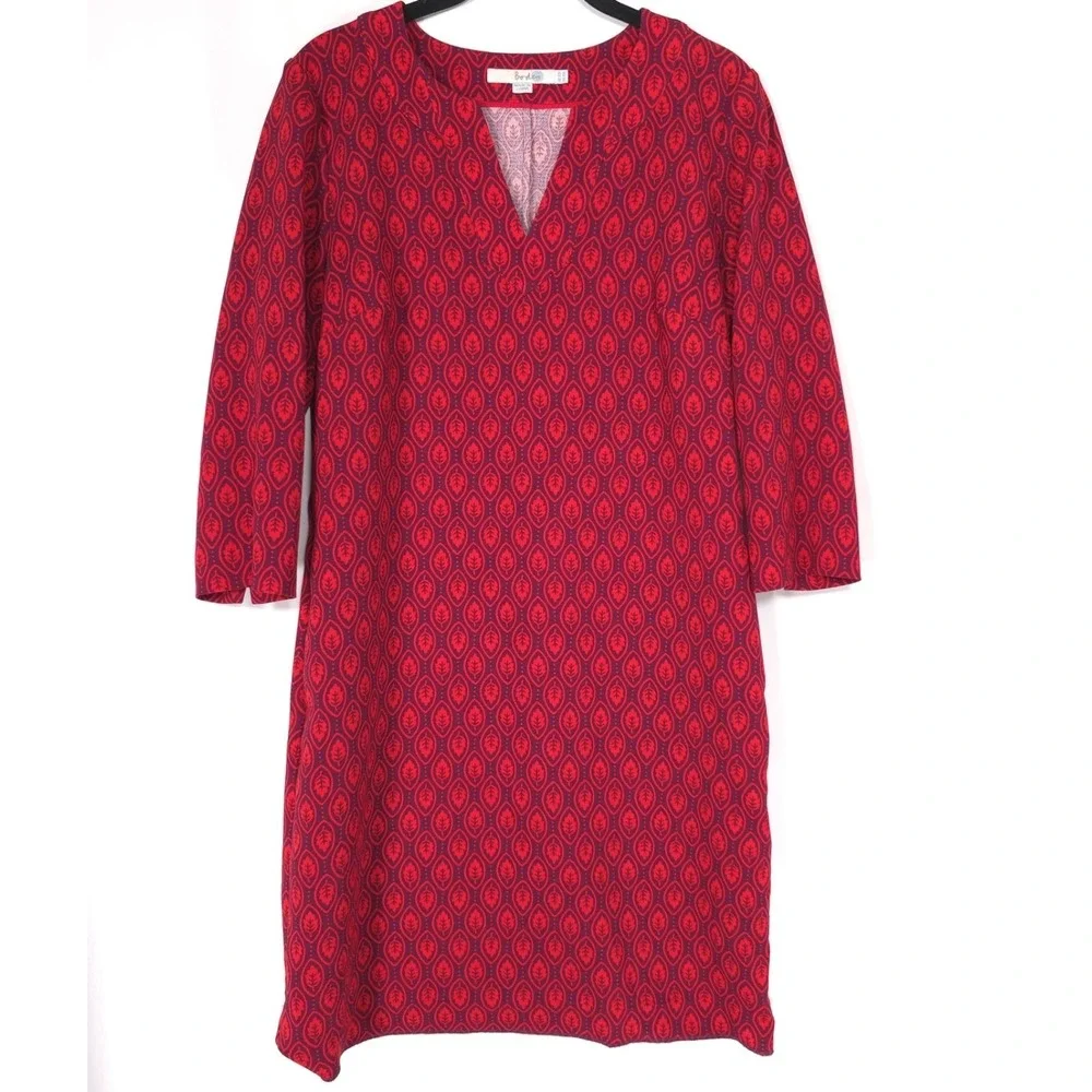 BODEN  Women's Knee Short Dress Shift US 6R Leaf Print Red 3/4 Sleeve WH990
